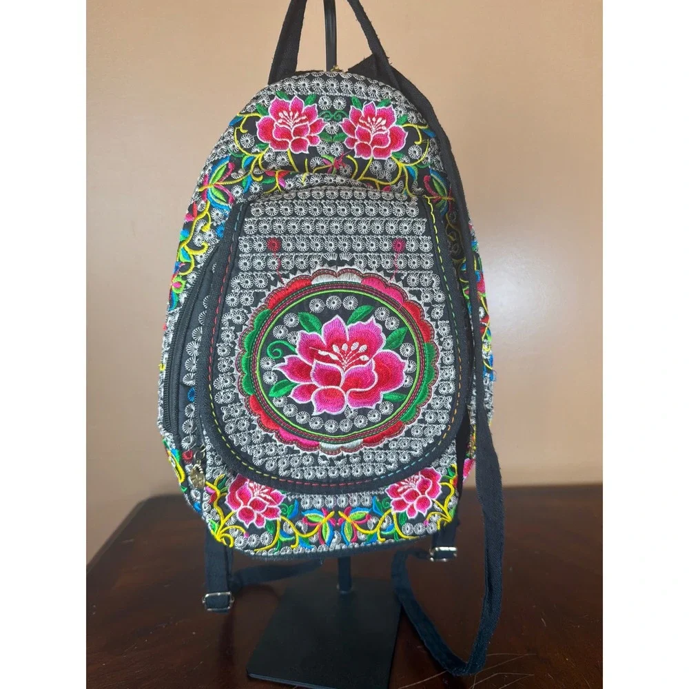 Boho‎ Floral Embroidered Mini Backpack Sling Bag Black Pink Lotus Folk Art
